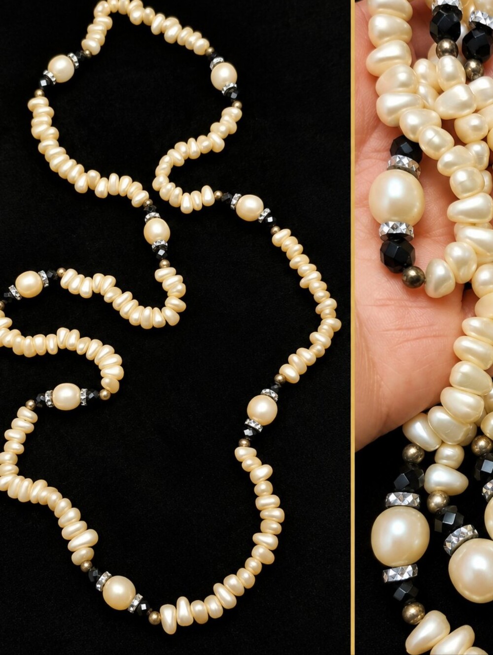 Vintage 1980s Long Faux Pearl Black Crystal Beaded Pull On Statement Necklace